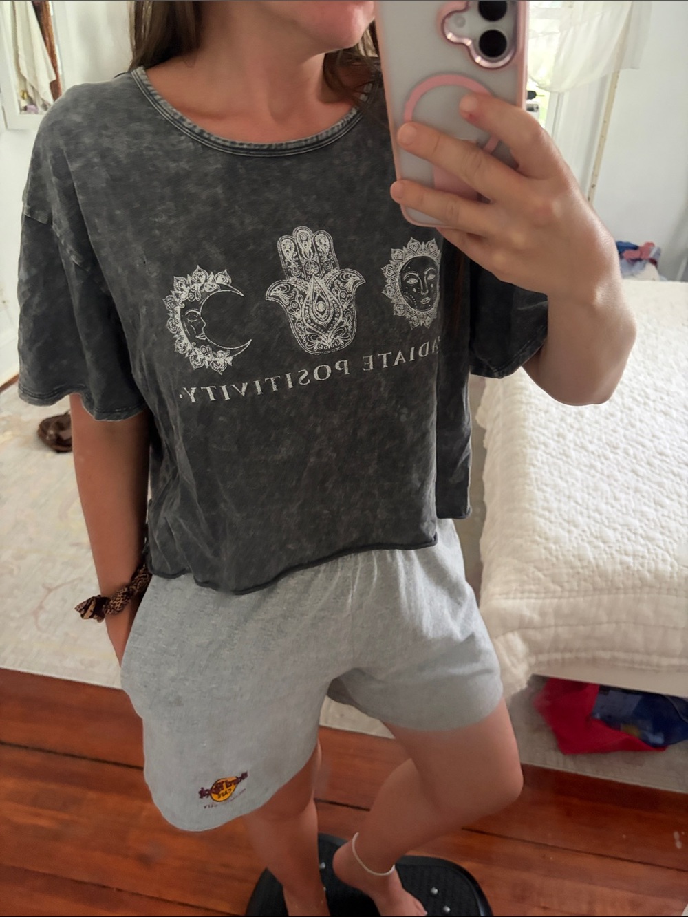 Caution to the Wind Graphic Cropped Tee - Charcoal